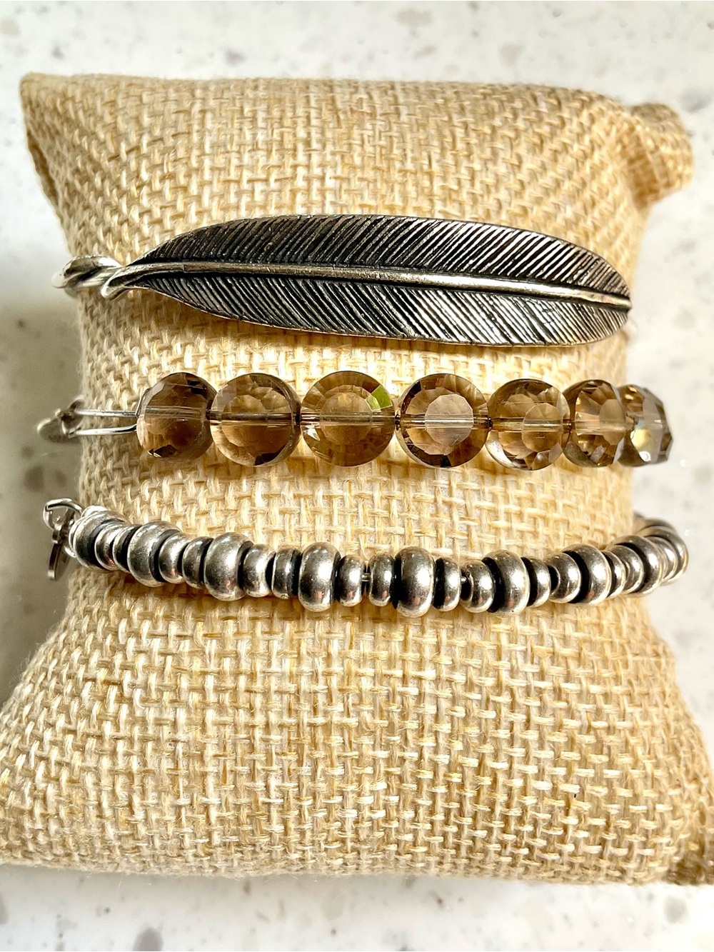 Alex and Ani Silver Feather Bracelet Set with Smoky Brown Beads